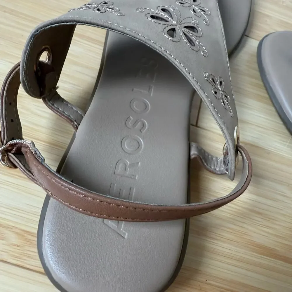 AEROSOLES WOMENS INESSE FLAT SANDALS FLORAL KHAKI FAUX NUBUCK SIZE 9